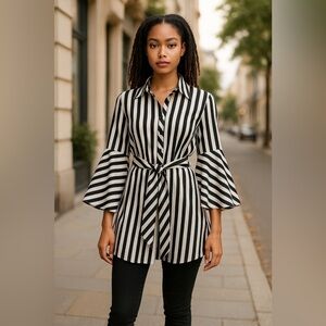 Mishca Black White‎ Stripe Blouse Top SZ M Women Button Bell Sleeve Officewear